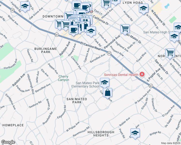 map of restaurants, bars, coffee shops, grocery stores, and more near 195 Warren Road in San Mateo