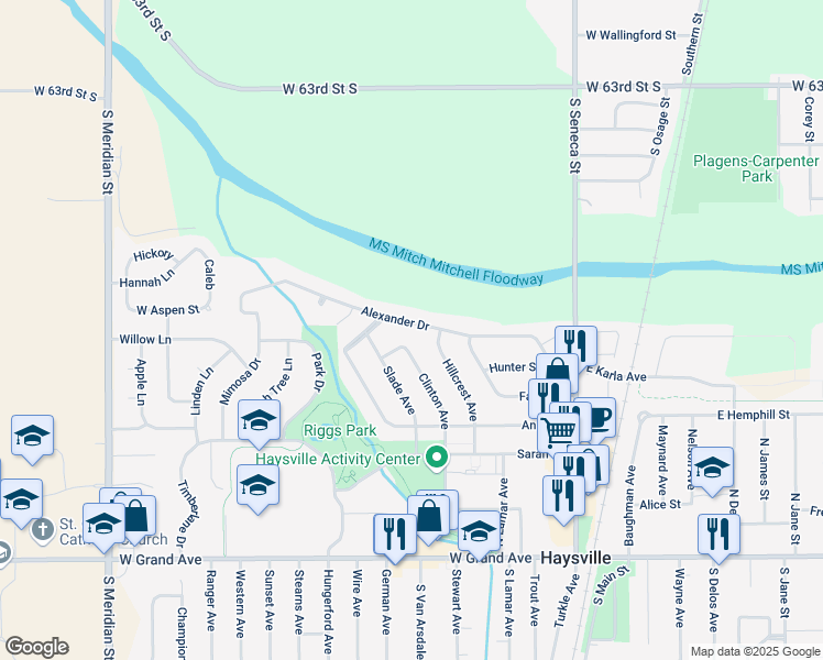 map of restaurants, bars, coffee shops, grocery stores, and more near 610 Alexander Drive in Haysville