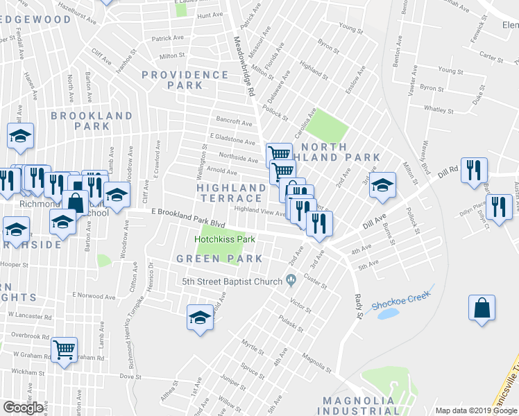 map of restaurants, bars, coffee shops, grocery stores, and more near 1100 Highland View Avenue in Richmond