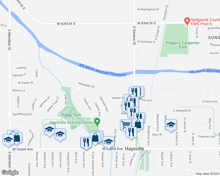 map of restaurants, bars, coffee shops, grocery stores, and more near 322 Alexander Drive in Haysville