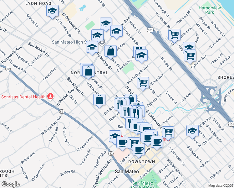 map of restaurants, bars, coffee shops, grocery stores, and more near 509 Monte Diablo Avenue in San Mateo