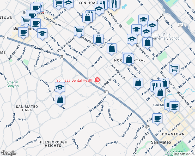 map of restaurants, bars, coffee shops, grocery stores, and more near 448 Highland Avenue in San Mateo