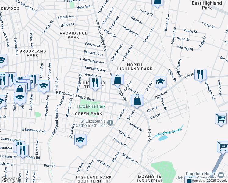 map of restaurants, bars, coffee shops, grocery stores, and more near 3082 Meadowbridge Road in Richmond