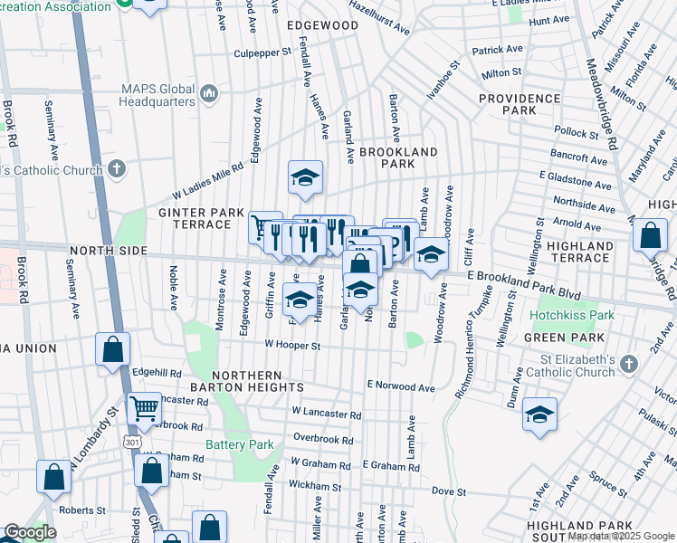 map of restaurants, bars, coffee shops, grocery stores, and more near 3003 Hanes Avenue in Richmond