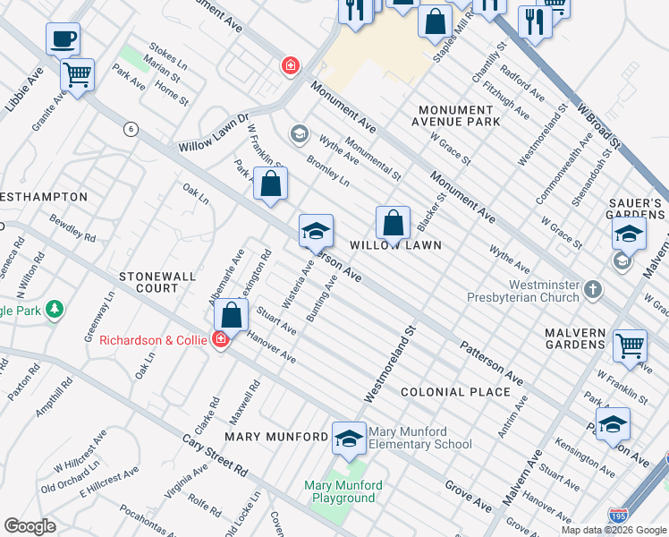 map of restaurants, bars, coffee shops, grocery stores, and more near 4808 Patterson Avenue in Richmond