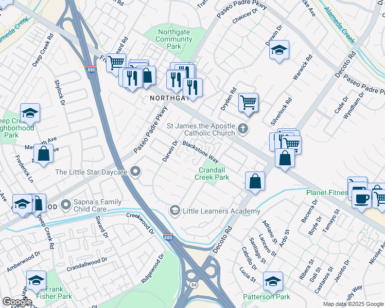 map of restaurants, bars, coffee shops, grocery stores, and more near 4193 Rainbow Terrace in Fremont