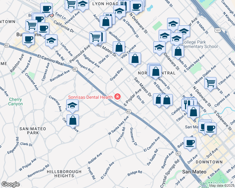 map of restaurants, bars, coffee shops, grocery stores, and more near 448 Highland Avenue in San Mateo