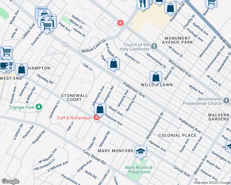 map of restaurants, bars, coffee shops, grocery stores, and more near 4815 Leonard Pkwy in Richmond