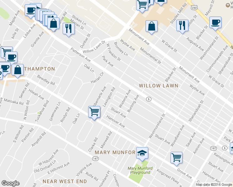 map of restaurants, bars, coffee shops, grocery stores, and more near 4815 Leonard Pkwy in Richmond