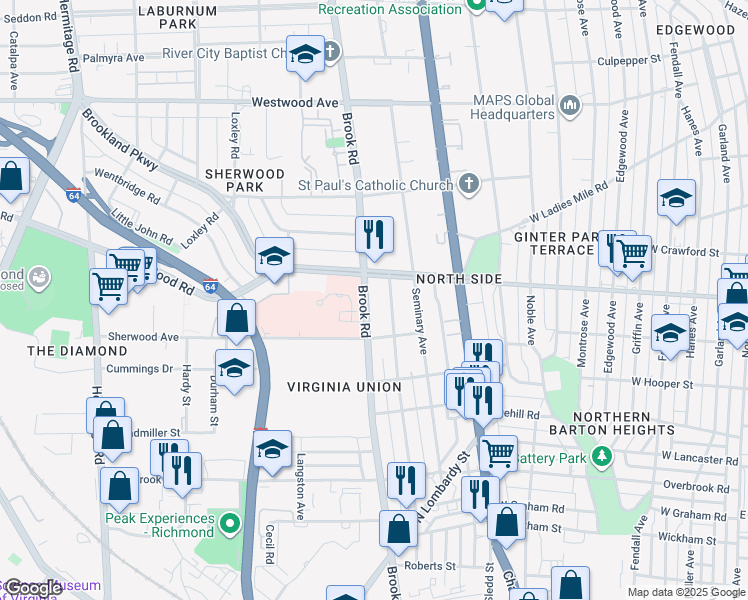 map of restaurants, bars, coffee shops, grocery stores, and more near 2939 Brook Road in Richmond