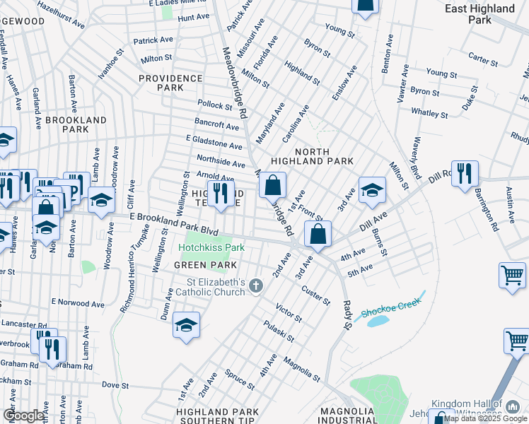 map of restaurants, bars, coffee shops, grocery stores, and more near 3082 Meadowbridge Road in Richmond