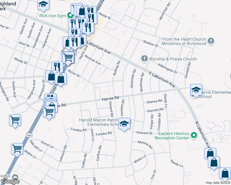 map of restaurants, bars, coffee shops, grocery stores, and more near 3531 Bolling Road in Richmond