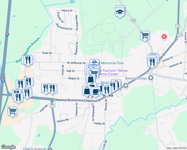 map of restaurants, bars, coffee shops, grocery stores, and more near 202 North Broadway Street in Berea