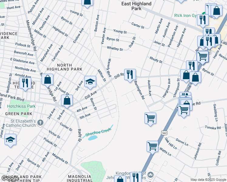 map of restaurants, bars, coffee shops, grocery stores, and more near 3353 Dill Avenue in Richmond