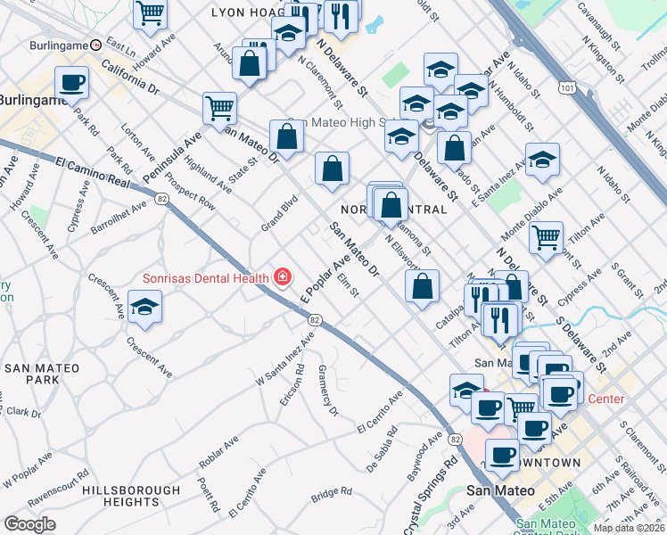 map of restaurants, bars, coffee shops, grocery stores, and more near East Poplar Avenue & Elm Street in San Mateo