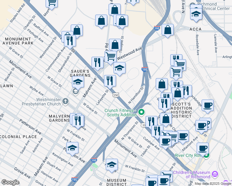 map of restaurants, bars, coffee shops, grocery stores, and more near 3874 Mastin Lane in Richmond