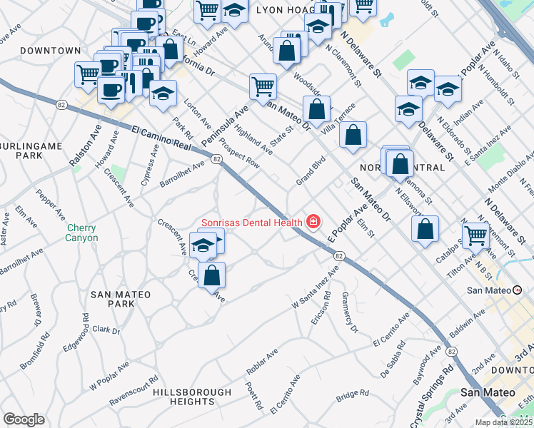 map of restaurants, bars, coffee shops, grocery stores, and more near 525 North El Camino Real in San Mateo