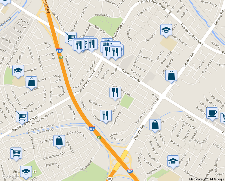 map of restaurants, bars, coffee shops, grocery stores, and more near 4193 Redstone Terrace in Fremont