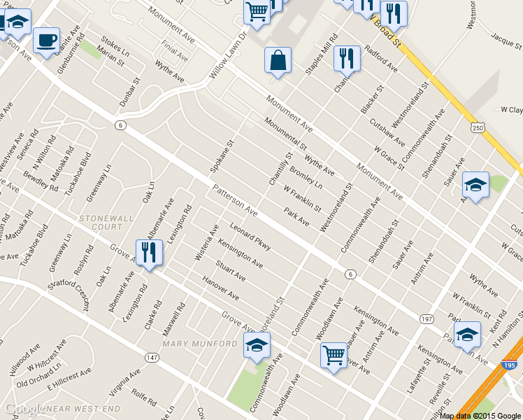 map of restaurants, bars, coffee shops, grocery stores, and more near 4719 Park Avenue in Richmond