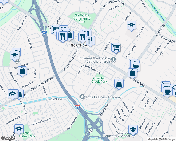 map of restaurants, bars, coffee shops, grocery stores, and more near 4193 Redstone Terrace in Fremont