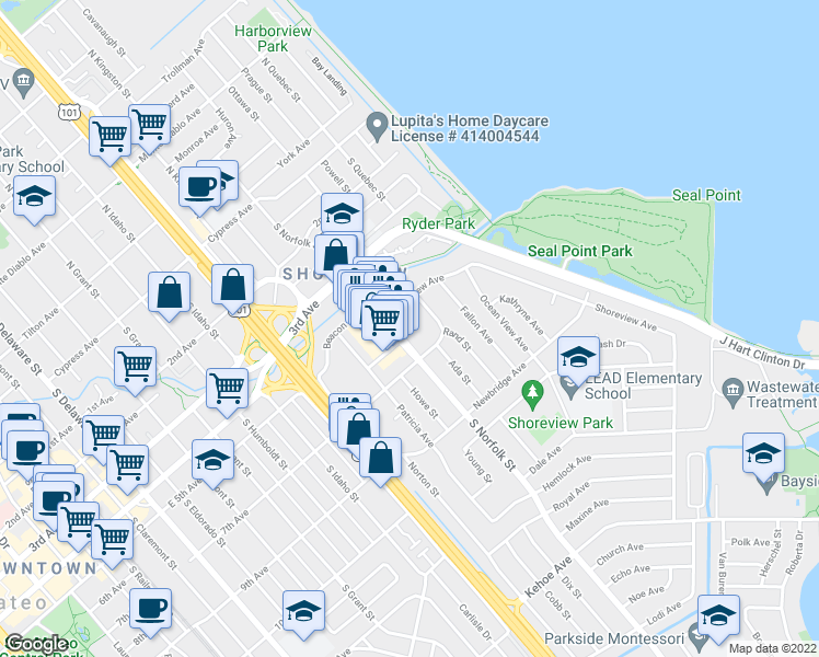 map of restaurants, bars, coffee shops, grocery stores, and more near 516 Rand Street in San Mateo