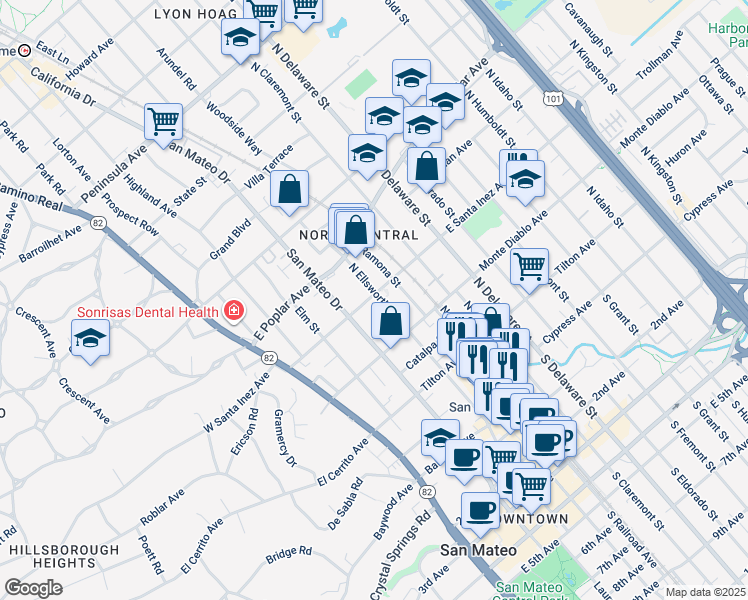 map of restaurants, bars, coffee shops, grocery stores, and more near 312 East Santa Inez Avenue in San Mateo