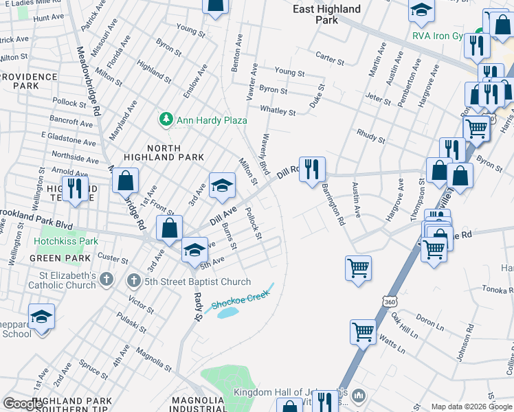 map of restaurants, bars, coffee shops, grocery stores, and more near 1520 Pollock Street in Richmond