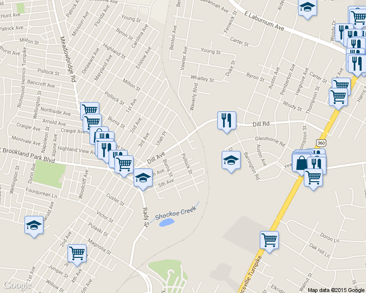 map of restaurants, bars, coffee shops, grocery stores, and more near 1520 Pollock Street in Richmond