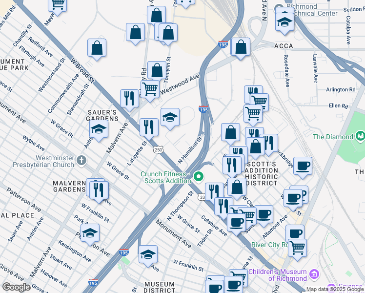 map of restaurants, bars, coffee shops, grocery stores, and more near 1620 North Hamilton Street in Richmond