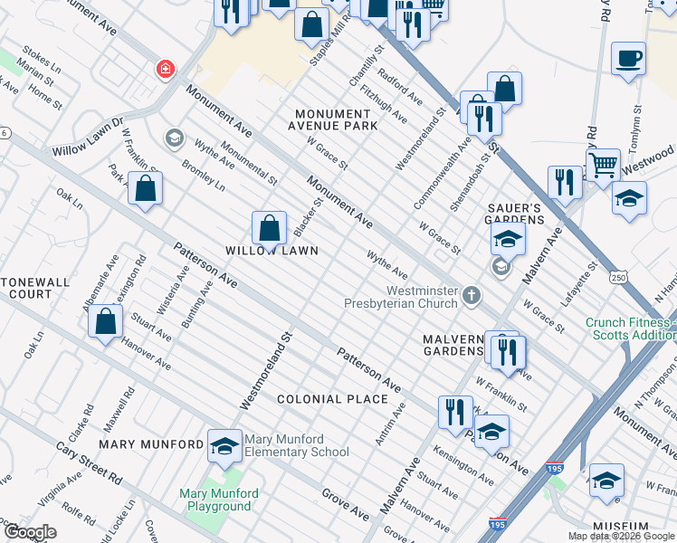 map of restaurants, bars, coffee shops, grocery stores, and more near 4600 Bromley Lane in Richmond
