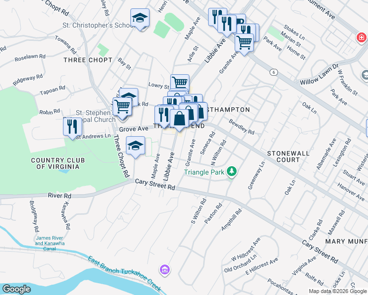 map of restaurants, bars, coffee shops, grocery stores, and more near 117 Libbie Avenue in Richmond