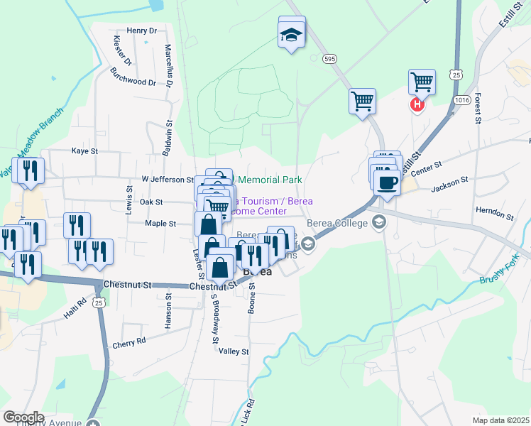 map of restaurants, bars, coffee shops, grocery stores, and more near 117 Washington Avenue in Berea