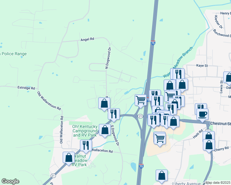 map of restaurants, bars, coffee shops, grocery stores, and more near 308 North Dogwood Drive in Berea
