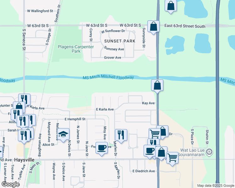 map of restaurants, bars, coffee shops, grocery stores, and more near 1030 Karla Court in Haysville