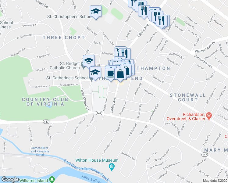 map of restaurants, bars, coffee shops, grocery stores, and more near 106 Libbie Avenue in Richmond