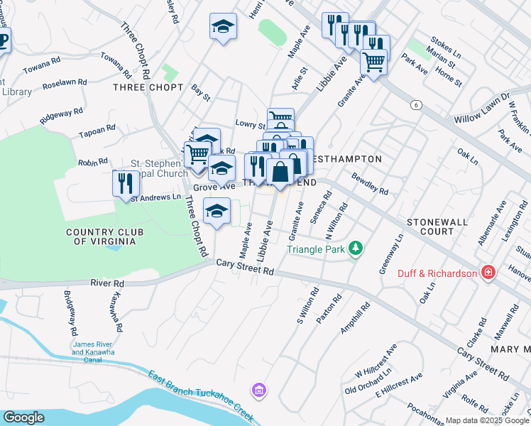 map of restaurants, bars, coffee shops, grocery stores, and more near 106 Libbie Avenue in Richmond