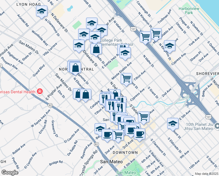map of restaurants, bars, coffee shops, grocery stores, and more near 509 Monte Diablo Avenue in San Mateo