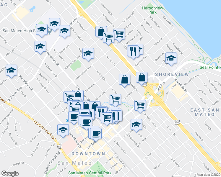 map of restaurants, bars, coffee shops, grocery stores, and more near 2 South Grant Street in San Mateo