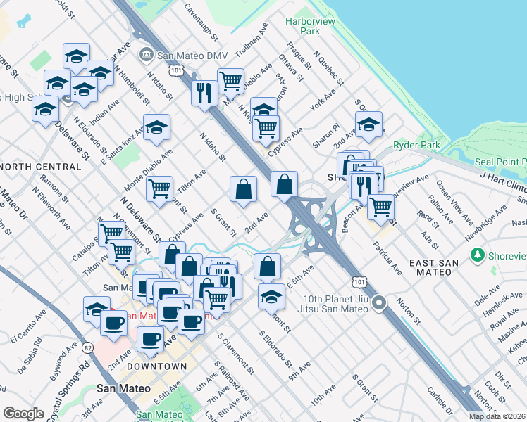 map of restaurants, bars, coffee shops, grocery stores, and more near 124 South Idaho Street in San Mateo