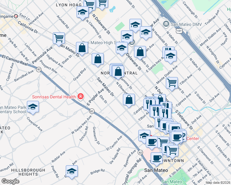 map of restaurants, bars, coffee shops, grocery stores, and more near 320 North San Mateo Drive in San Mateo
