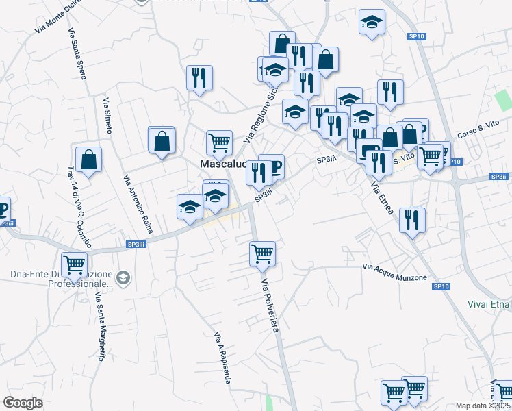 map of restaurants, bars, coffee shops, grocery stores, and more near 13 Via Papa Giovanni XXIII in Mascalucia