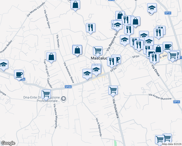 map of restaurants, bars, coffee shops, grocery stores, and more near 17 Via Sciara in Mascalucia