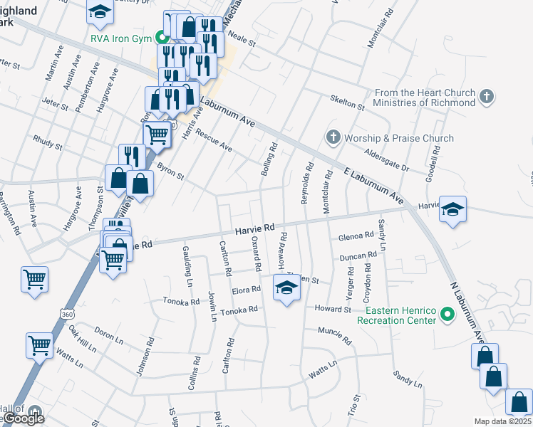 map of restaurants, bars, coffee shops, grocery stores, and more near 3531 Bolling Road in Richmond