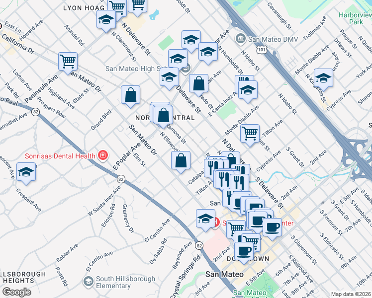 map of restaurants, bars, coffee shops, grocery stores, and more near 235 Ramona Street in San Mateo