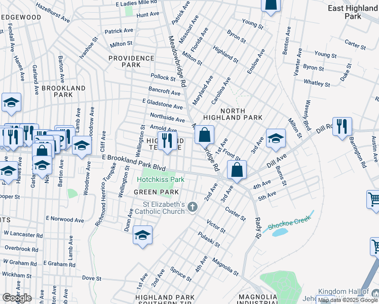map of restaurants, bars, coffee shops, grocery stores, and more near 3108 Woodcliff Avenue in Richmond