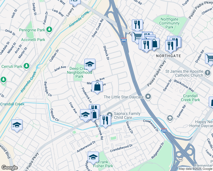 map of restaurants, bars, coffee shops, grocery stores, and more near 4542 Amiens Avenue in Fremont