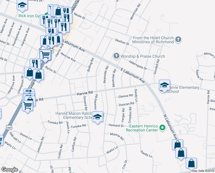 map of restaurants, bars, coffee shops, grocery stores, and more near 3606 Montclair Road in Richmond