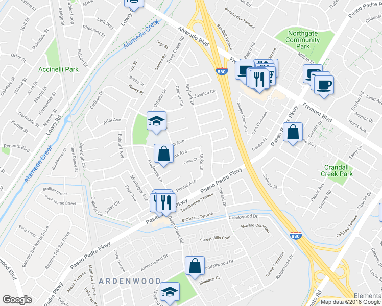 map of restaurants, bars, coffee shops, grocery stores, and more near 4542 Amiens Avenue in Fremont