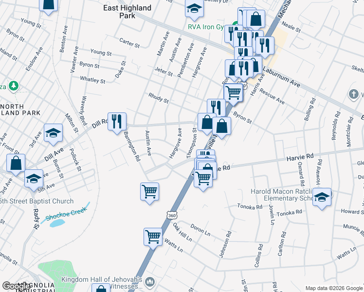 map of restaurants, bars, coffee shops, grocery stores, and more near 3208 Thompson Street in Richmond