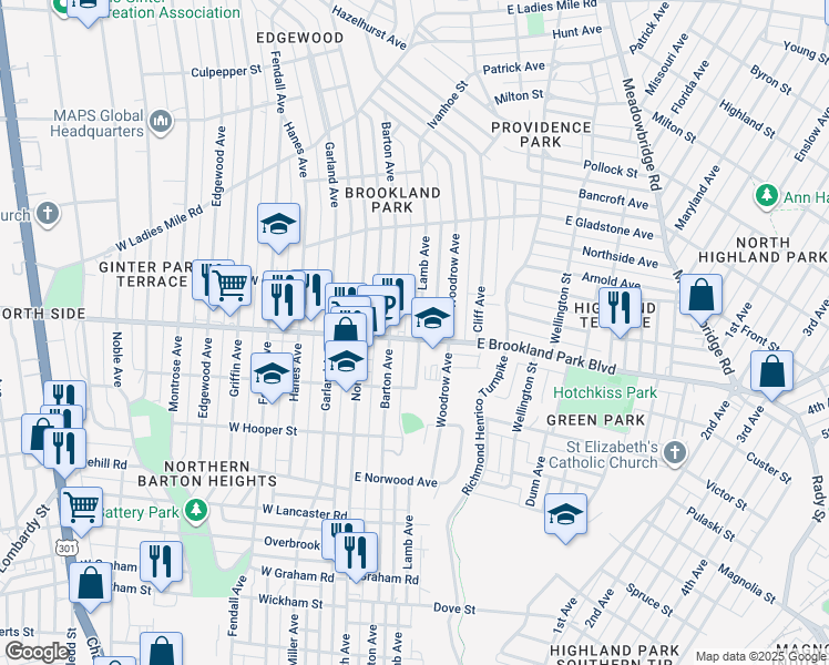 map of restaurants, bars, coffee shops, grocery stores, and more near 3009 Lamb Avenue in Richmond